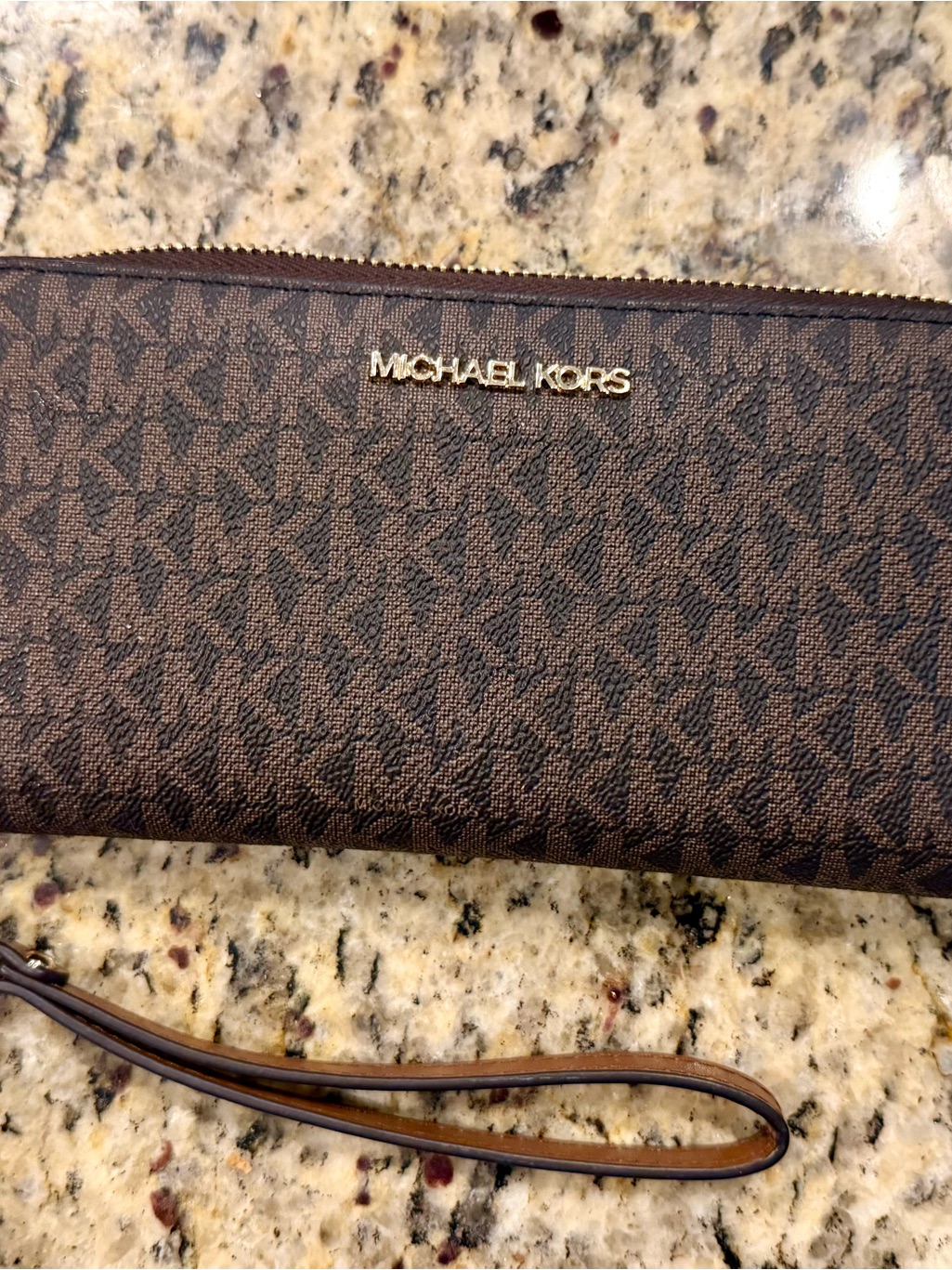 Michael Kors Brown And Dark Brown Mk Logo Wristlet With Gold Hardware